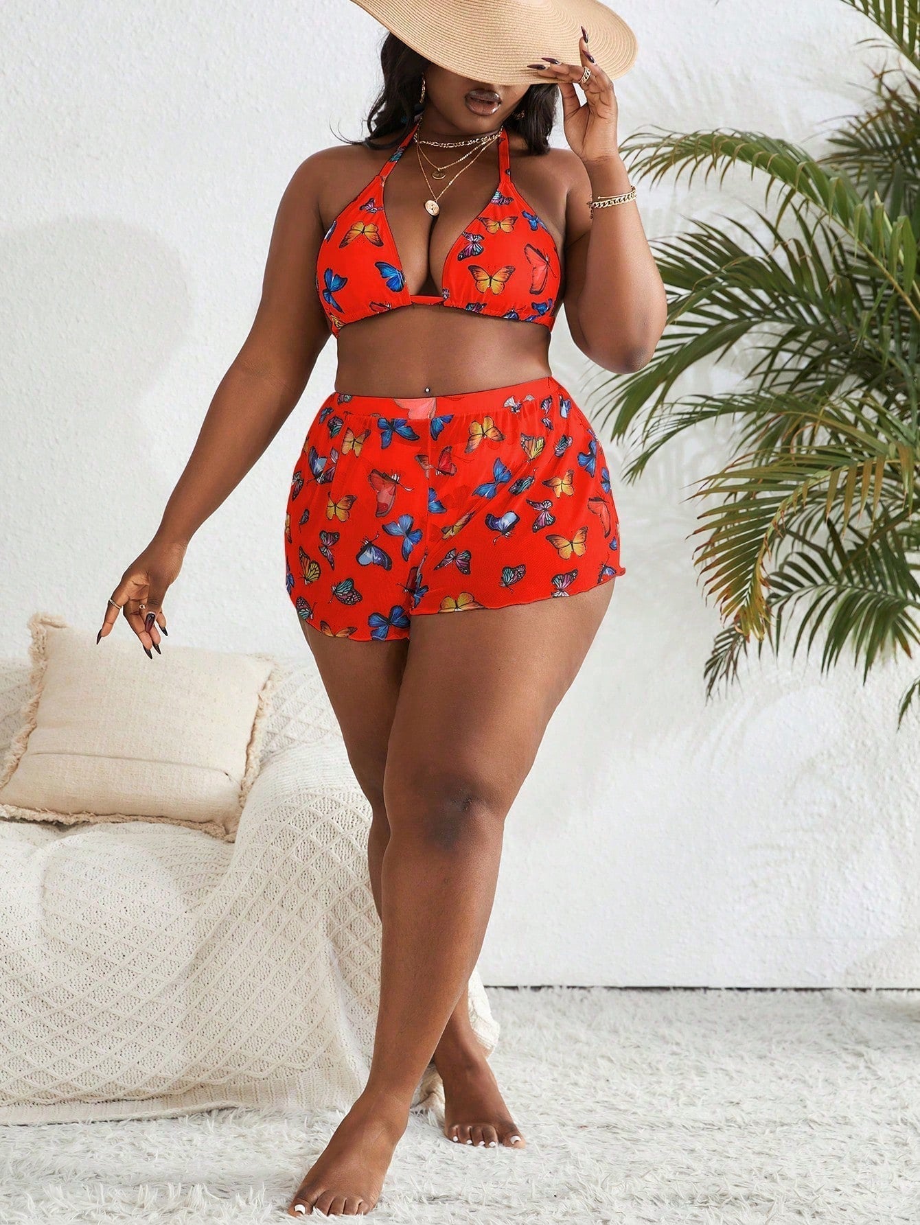 Conjunto 3 Peças Plus Size com Estampa de Borboletas e Cintura Alta