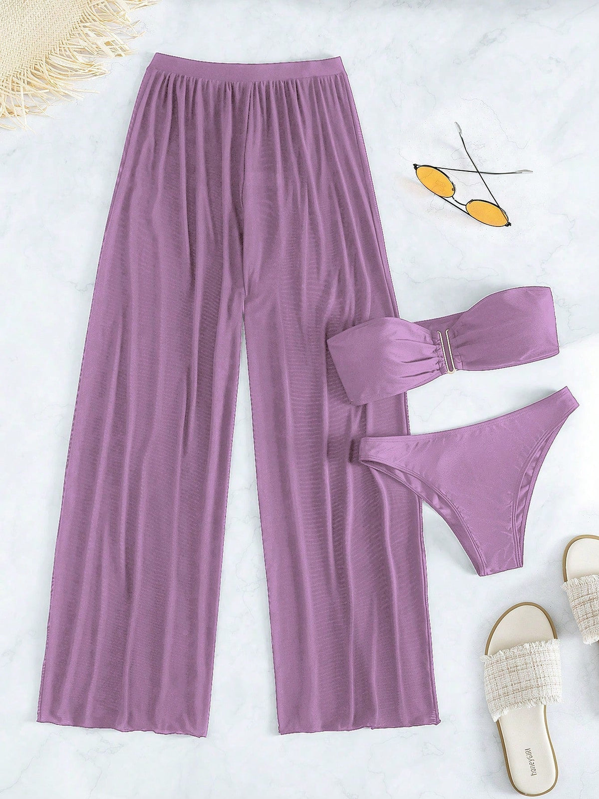 Conjunto Biquíni 3 Peças Estilo Bandeau com Fio U